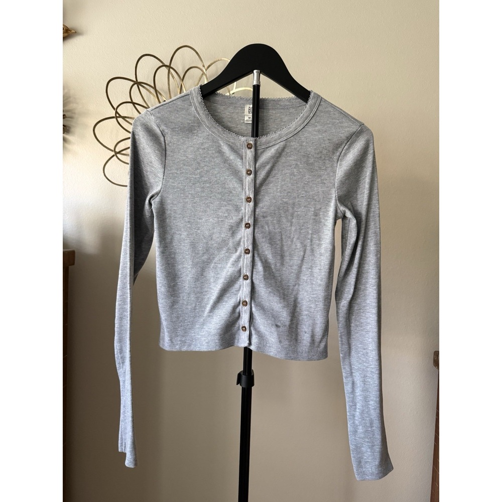 BDG Urban Outfitters Cardigan M Gray Ribbed Button Front Long Sleeve Flaw
